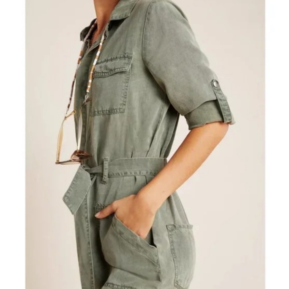 Dear John Army Devon Green Denim Belted Long Sleeve Utility Romper Size XS - Picture 2 of 11